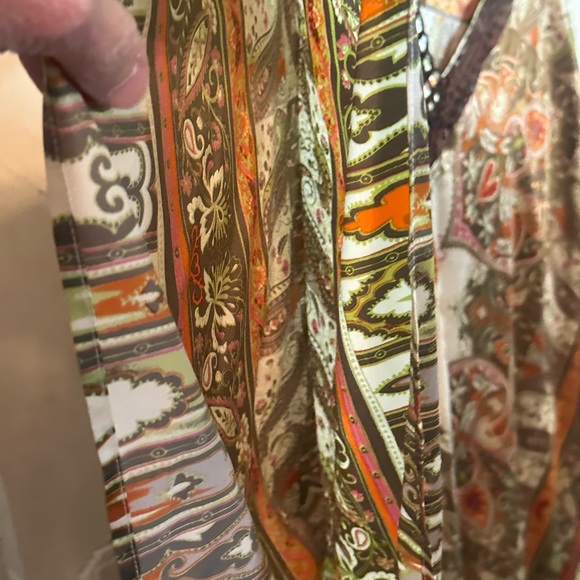 100% silk draped tunic green, rust, tan multi colored - Picture 3 of 4